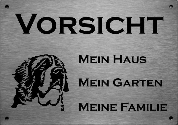 Edelstahl Warnschild Bernhardiner VORSICHT Mein Haus mein Garten meine Familie